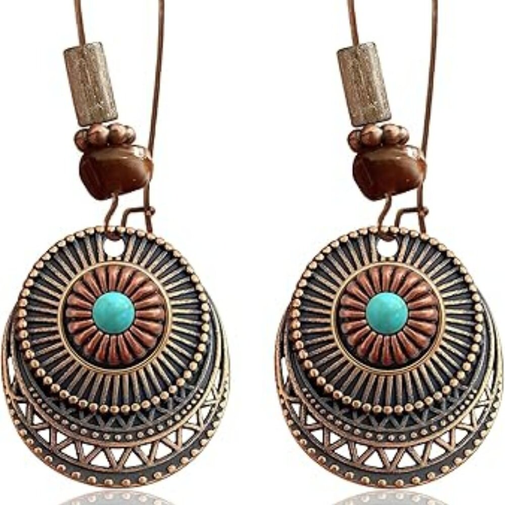Bohemian Copper Round Circle Disc Dangle Drop Earrings Geometric Flower Boho